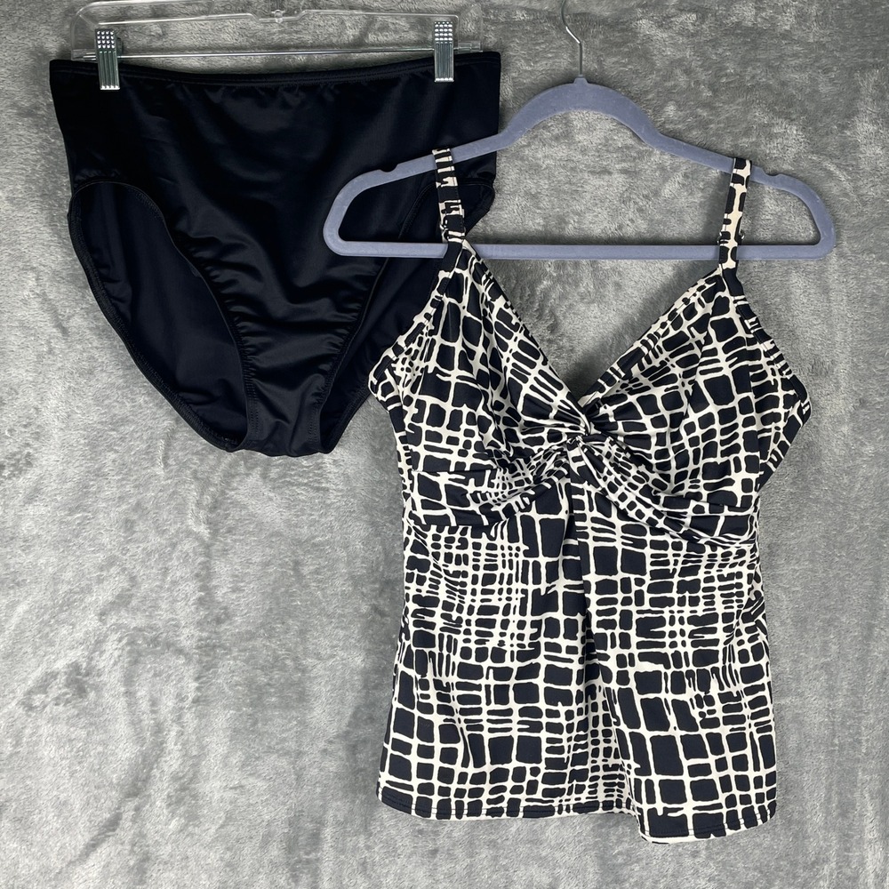 Miraclesuit Tankini Swimsuit‎ Womens 14DD Black White Very Good Geometric Grid